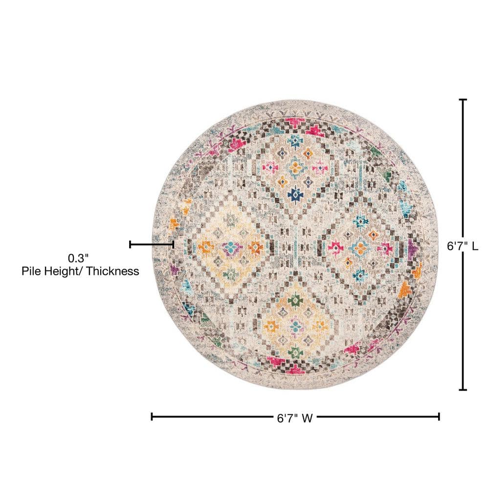 Handmade Round Grey and Yellow Stain-Resistant Rug