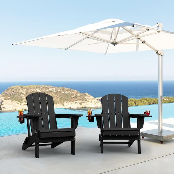 JEAREY Classic Black Folding Plastic Adirondack Chairs with 2-Cup