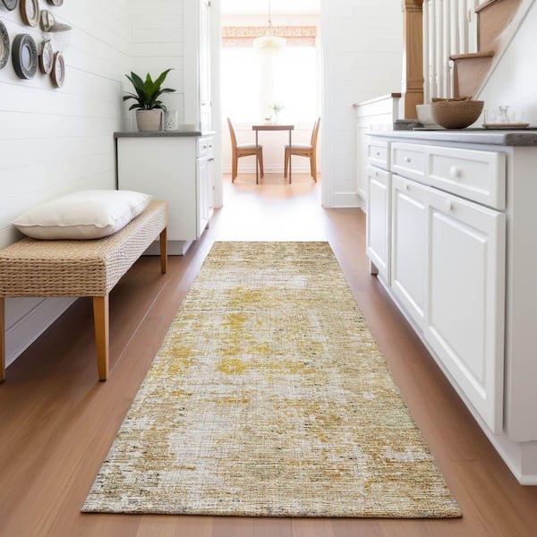 Mayfield Premium Machine Washable Abstract AMF1169 Gold 2 ft. 3 in. x 7 ft. 6 in. Runner Rug