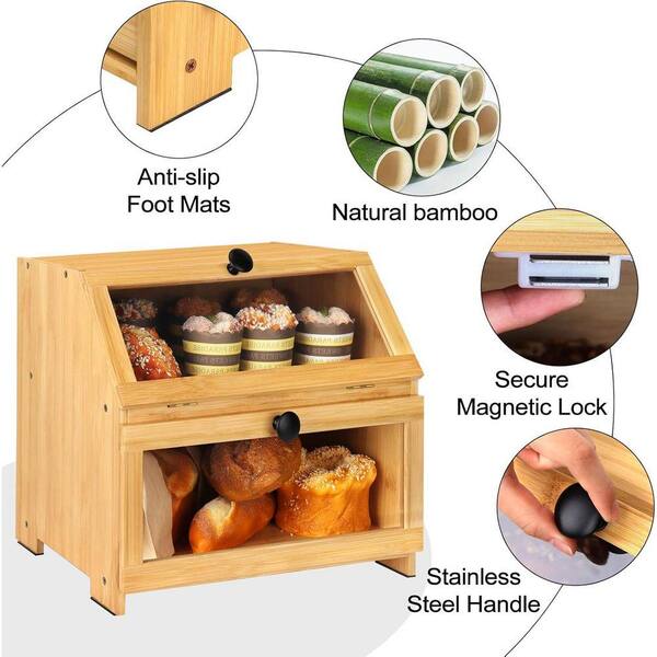 JFVKAF Farmhouse Bamboo Bread Box Countertop with Large Capacity