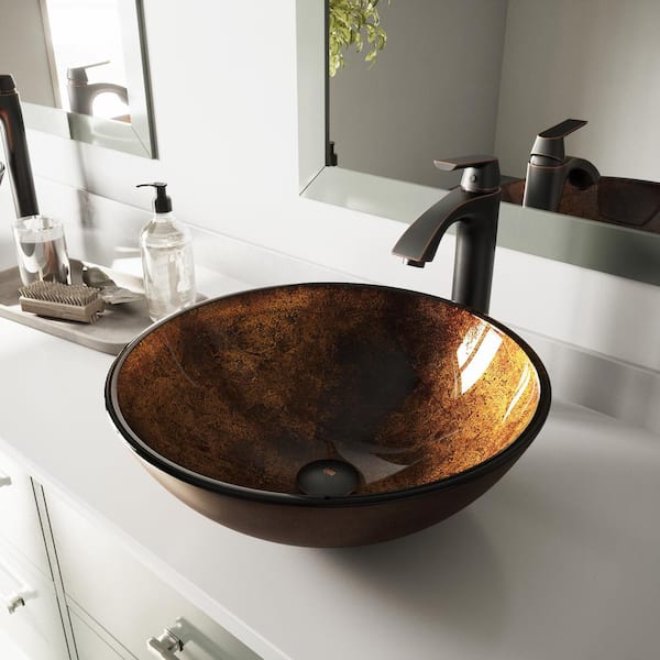 Vigo Glass Round Vessel Bathroom Sink In Russet Brown With Linus Faucet And Pop Up Drain Antique Rubbed Bronze Vgt504 The Home Depot - Bathroom Vessel Sinks Home Depot