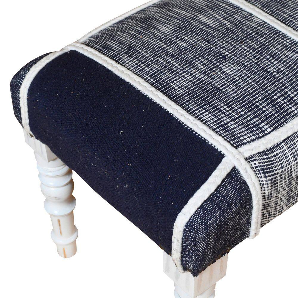 Navy and White Plaid Upholstered Storage Bench with Wood Legs