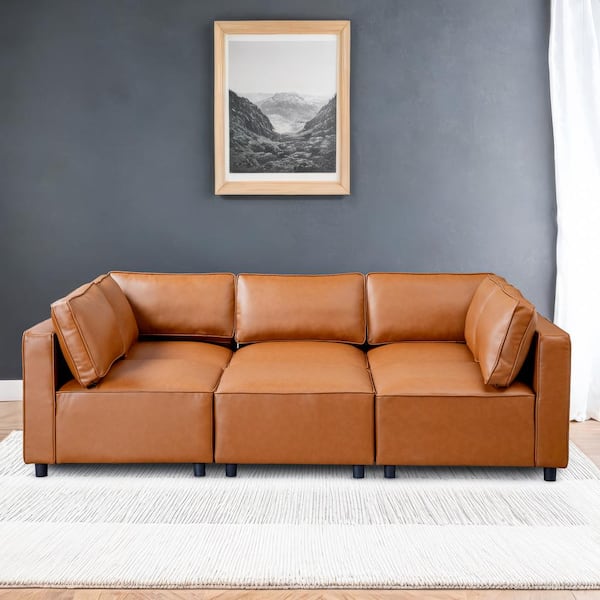 Ashcroft Furniture Co Norman 91.3 in. Square Arm 6-Piece Vegan Leather Cushion Back Modular Sectional Sofa in Cognac