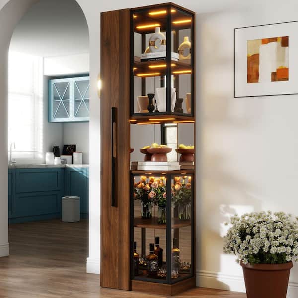 Enoch Walnut Wood 70.28 in. Display Cabinet with with Multi-Functional Pull-Out Multi-Tier Storage Shelf
