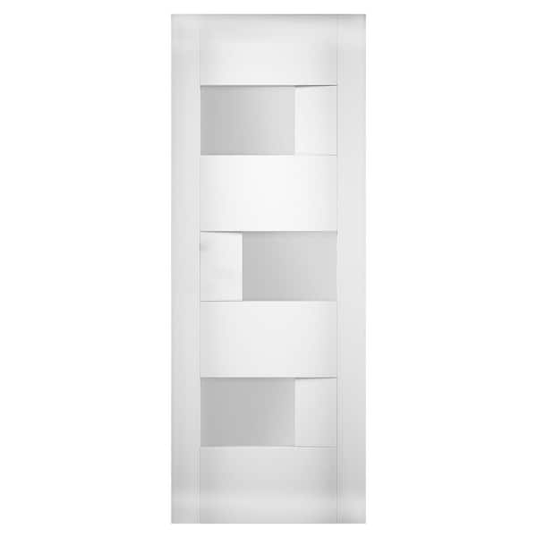 VDOMDOORS 24 in. x 80 in. 3-Panel No Bore Solid MDF Core 3-Lites Frosted Glass White Pine MDF Interior Door Slab