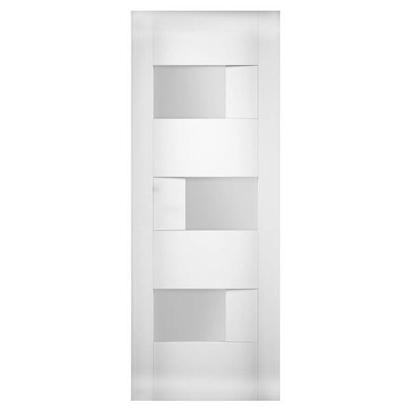 VDOMDOORS 28 in. x 84 in. 3-Panel No Bore Solid Core 3-Lites Frosted Glass White Pine MDF Interior Door Slab