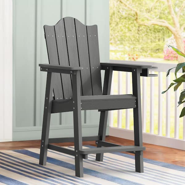 LUE BONA Dark Gray HDPS Plastic Outdoor Barstools 25.6 in. H Tall Balcony Adirondack Armchair with Cup Holder for Pool