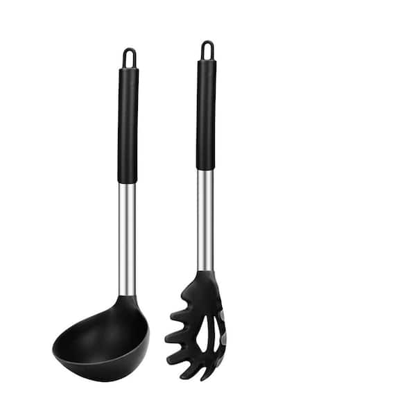 Black Silicone Pasta Fork and Ladle Spoon Set, Large Non Stick Kitchen Utensils for Cooking, More Safe and Healthy