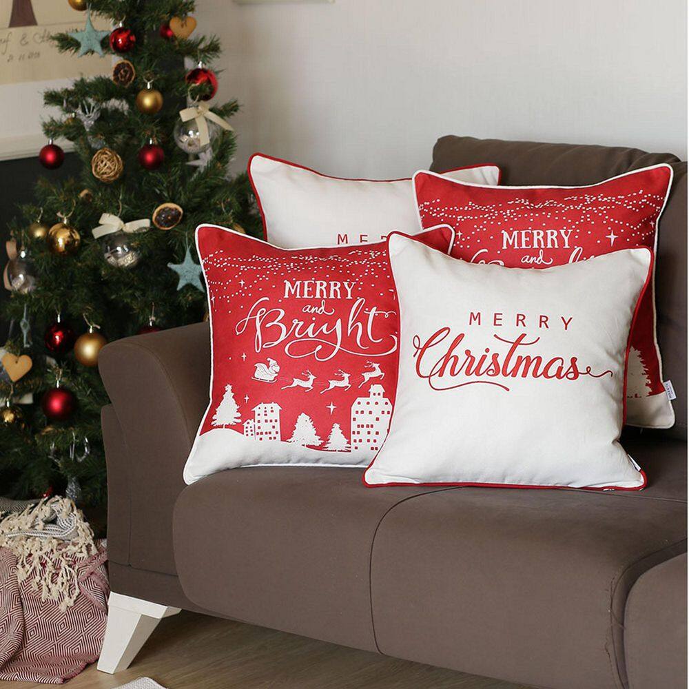 Festive Red and White Polyester Christmas Pillow Covers Set of 4
