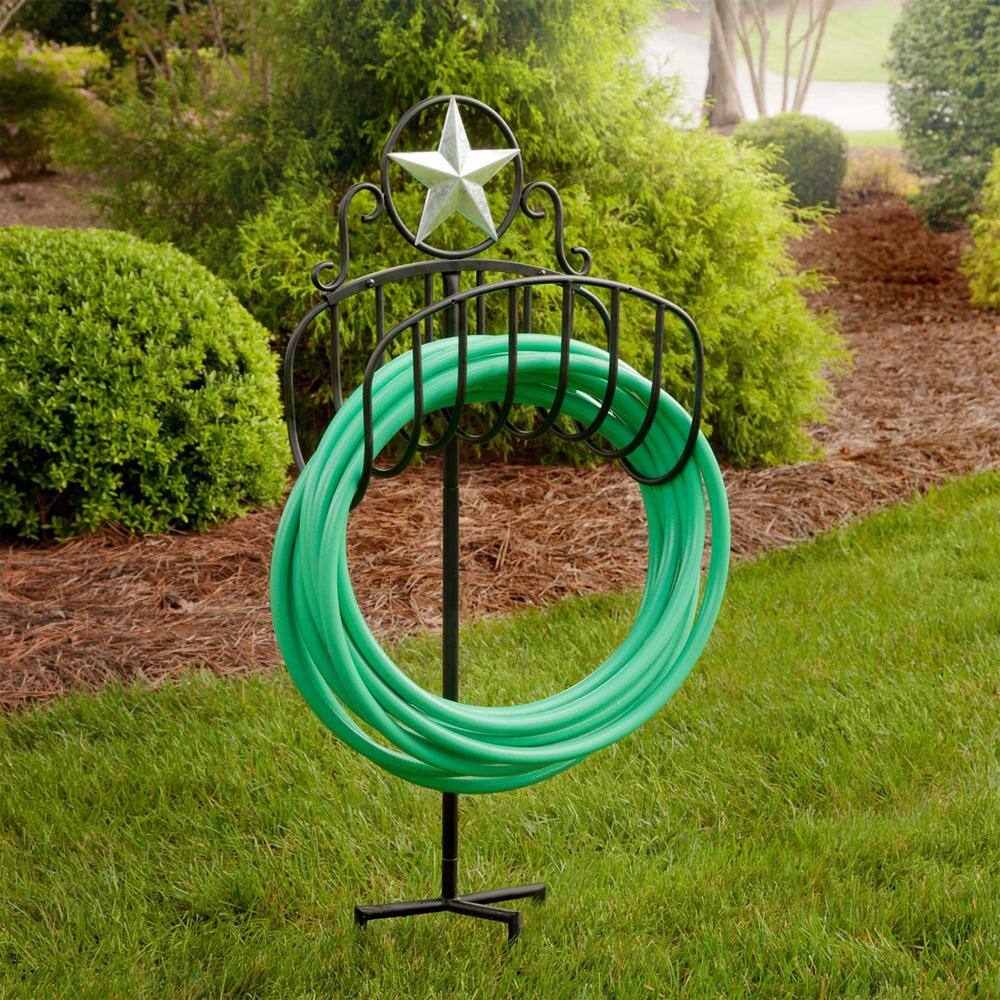 Black Steel Garden Hose Stand with Star Top Design