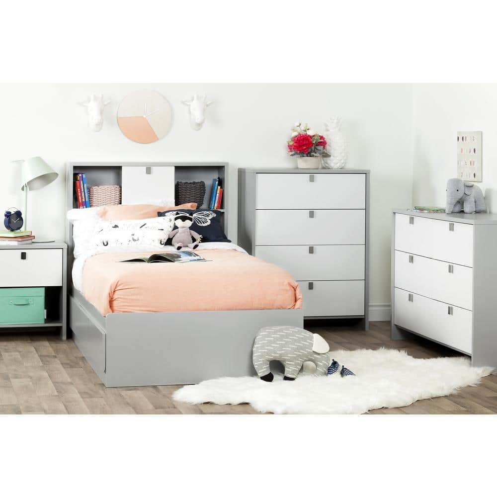 Soft Gray Twin Wood Captain's Bed with Storage Drawers