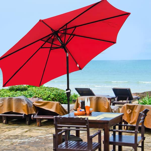 SUNRINX 9 ft. Aluminum Market Crank and Tilt Patio Umbrella in Red with Mobile Base