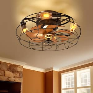 19.6 in. Enclosed Industrial Farmhouse Black Caged Low Profile Flush Mount Ceiling Fan with Light with Remote Control