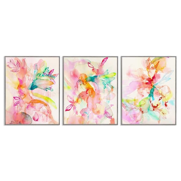 Abstract Florals & Paint Drip by Gemma Bardot 3 Piece Gray Framed Abstract Giclee Art Print 30 in. x 24 in.
