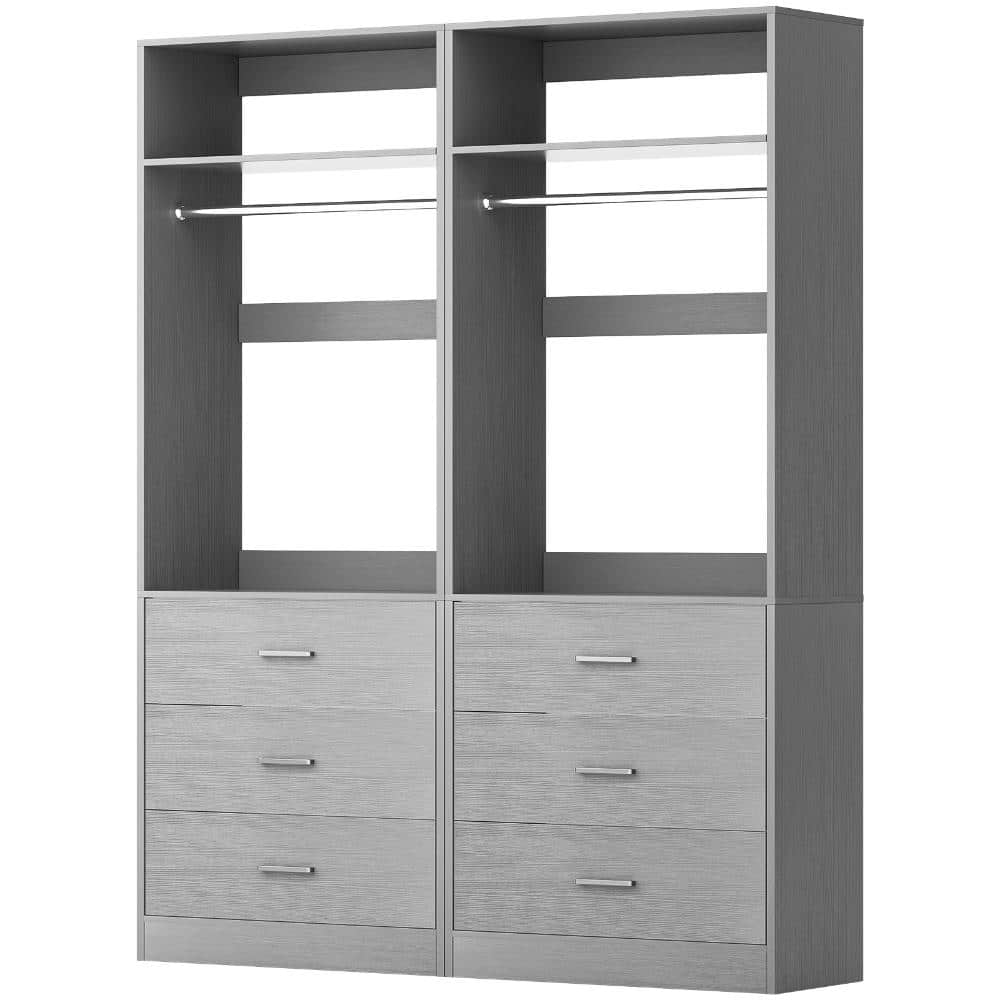 48 in. W Walk-In Closet System with 6 Drawers and 2 Hanging Rods, Wood Closet Organizer System Set of 2, Gray