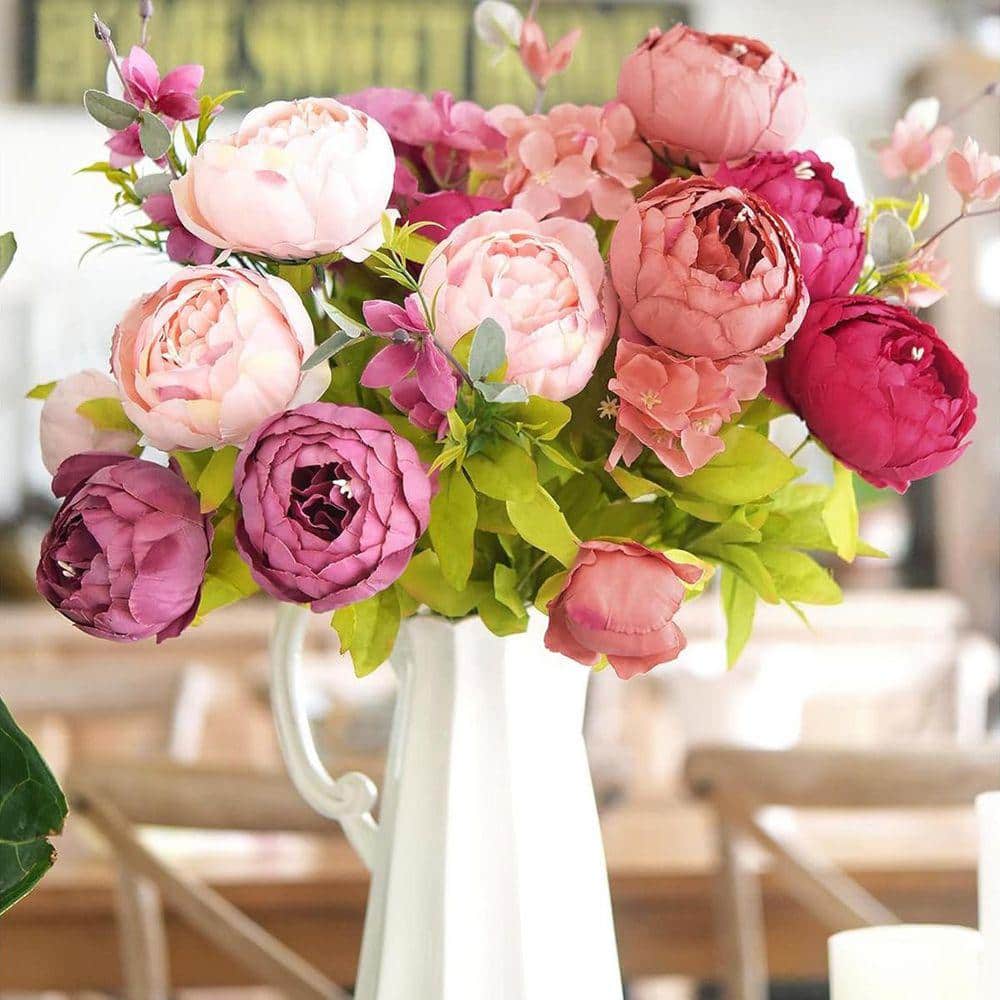 19.7 in. Red Indoor Artificial Peony Flower 2-Bouquets, Mixed Red