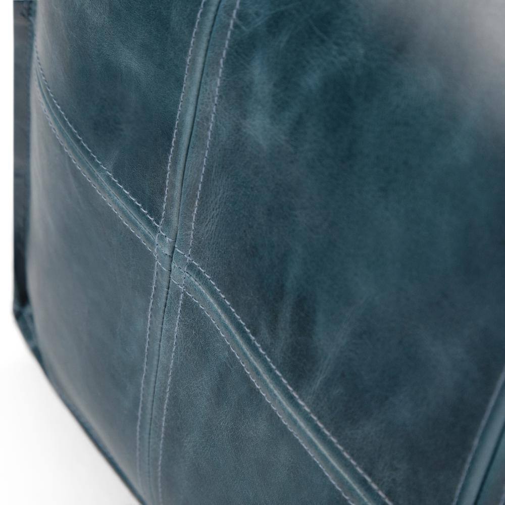 Teal Genuine Leather Square Pouf with Engineered Wood Frame