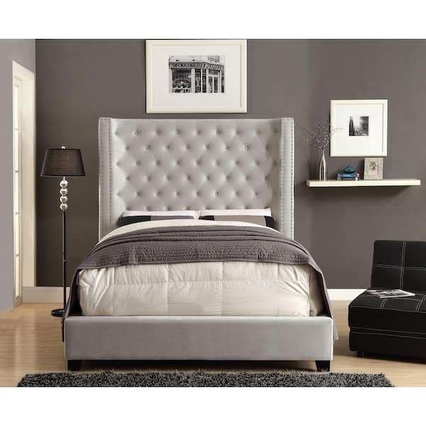Lindman Ivory White Tall Headboard Upholstered Wood Frame King Platform Bed With Nailhead Trim