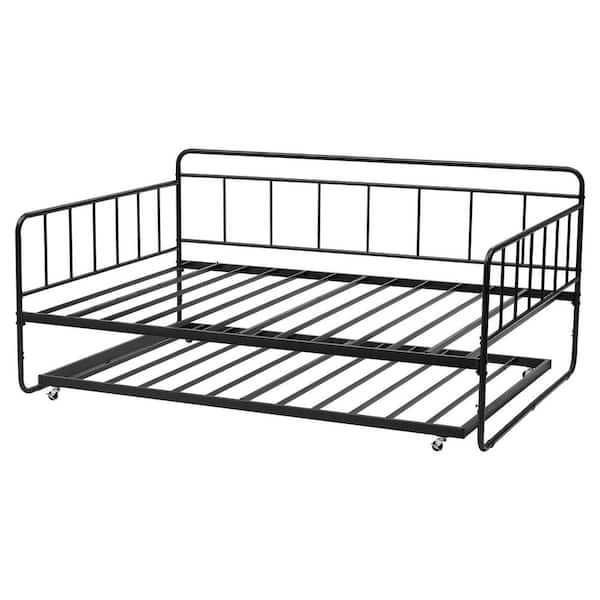 Full Size Metal Daybed Frame with Trundle, Heavy Duty Platform Bed for Bedroom, Living Room, Black 2025 Upgrade