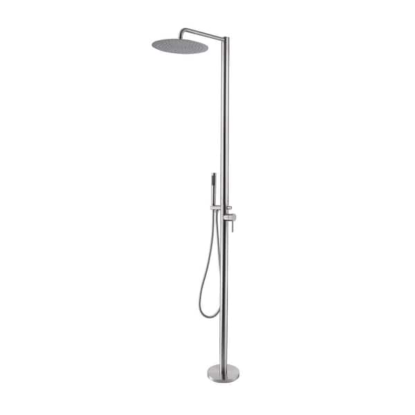 Tomfaucet Outdoor Exposed Single-Handle Freestanding Tub Faucet with Rainfall Shower Head in Brushed Nickel