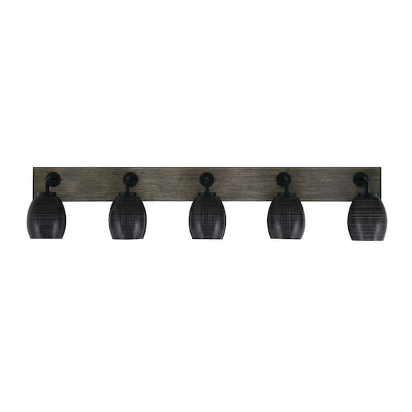 Unbranded Kirby 46.5 in. 4 Light Black and Painted Wood-look Vanity Light with 5 in. Black Matrix Glass Shades No Bulbs Included