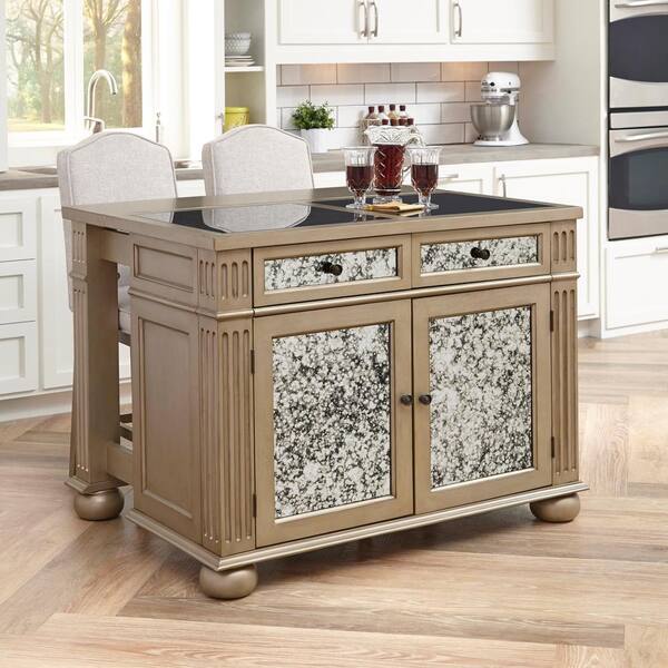 Home Styles Visions Silver and Gold Champagne Kitchen Island With Seating