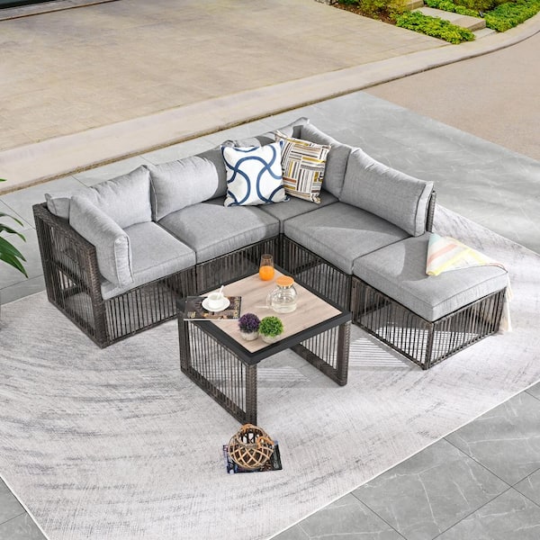 Patio Festival 6-Piece Wicker Patio Conversation Deep Seating Set with Gray Cushions