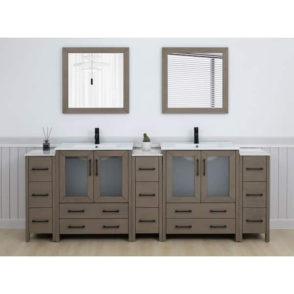 96 in. W x 18 in. D x 36 in. H Driftwood Gray Bath Vanity with White Ceramic Top and Mirror