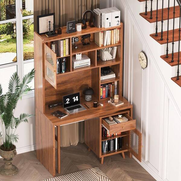 Nestfair 43.1 in. Walnut Wood a Drawer Computer Desk with Degree