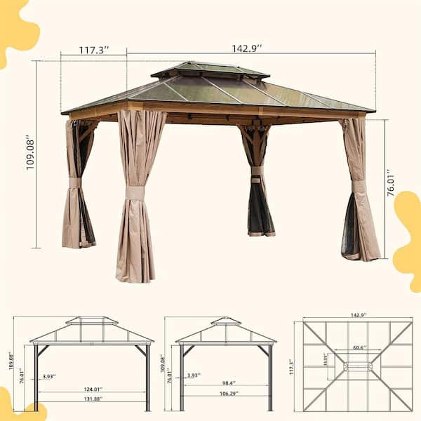 Unbranded 12 ft. W x 10 ft. D Aluminum Brown Patio Gazebo with Polycarbonate Double Hardtop Roof