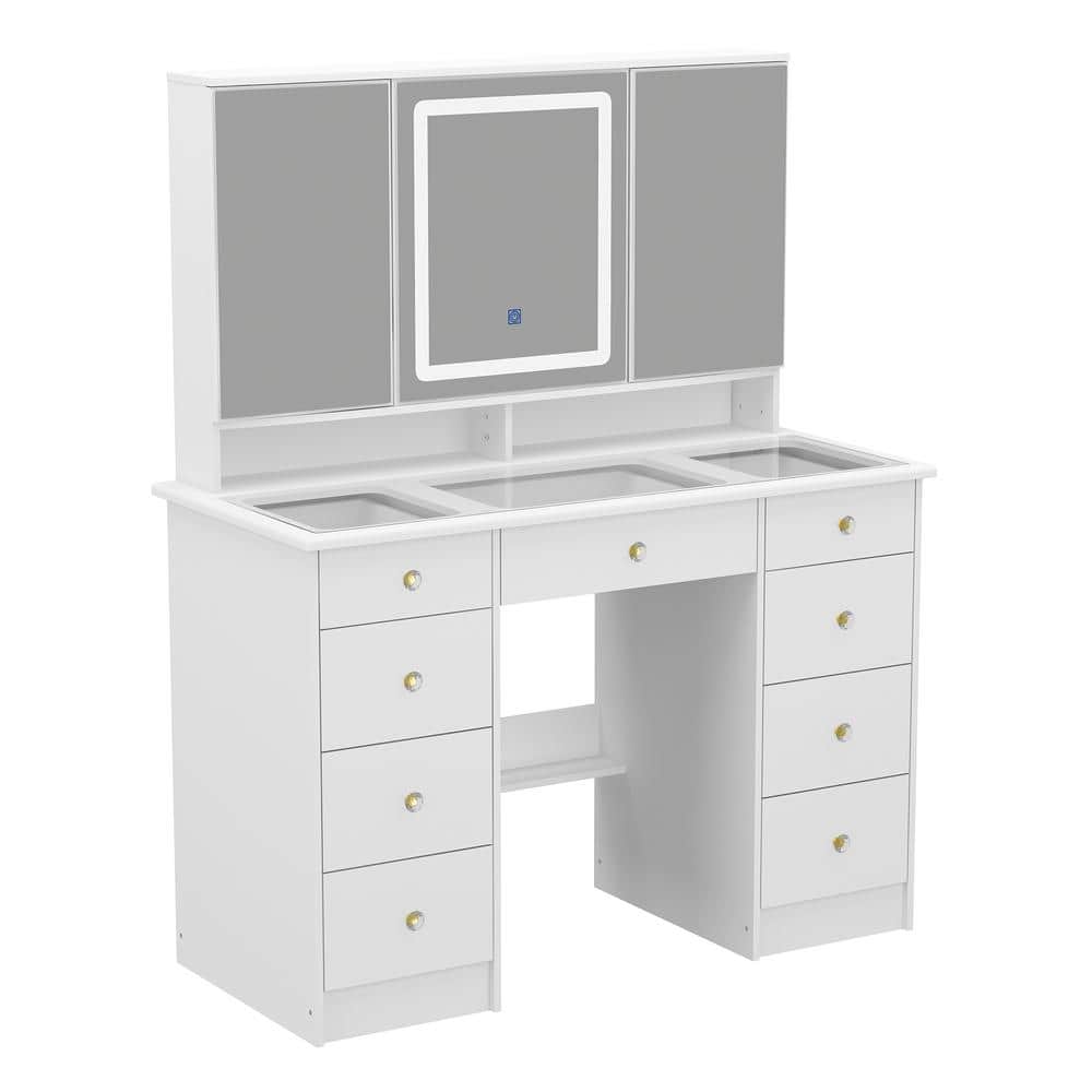 White Makeup Vanity Desk 9 Drawers Wood Dressing Table With 3 Mirrors, Glass Top, Hidden Storage Shelves, LED Lighted - thumbnail 4