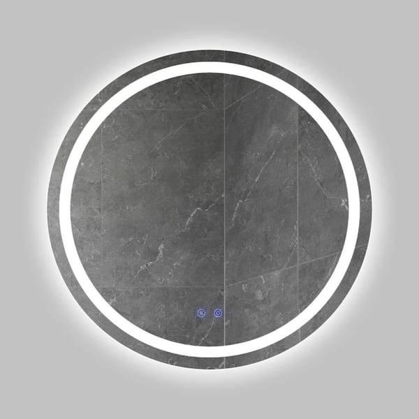THE URBAN PORT 32 x 32 in. Silver Metal Touch Button Defogger Frosted Edges Round Frameless LED Illuminated Bathroom Mirror