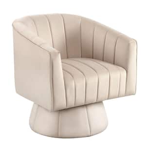 Beige Velvet Upholstered Comfy Swivel Accent Chair Mid Century Modern Barrel Chair for Living Room Bedroom