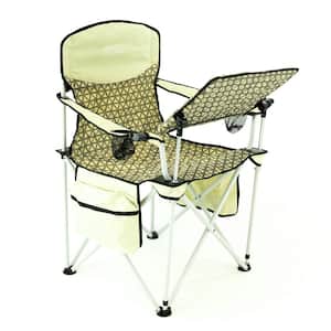 Steel Folding Camping Chair with Adjustable Table and Cooler Bag in Brown Diamond Pattern