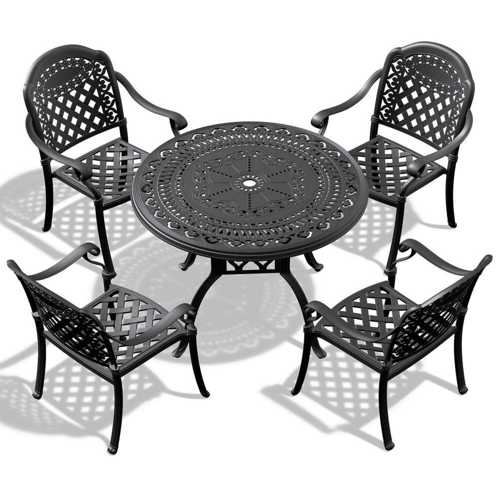 5-Piece Black Cast Aluminum Patio Conversation Set with Black Frame and Sea
