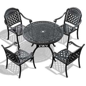 5-Piece Black Cast Aluminum Patio Conversation Set with Black Frame and Seat Cushions