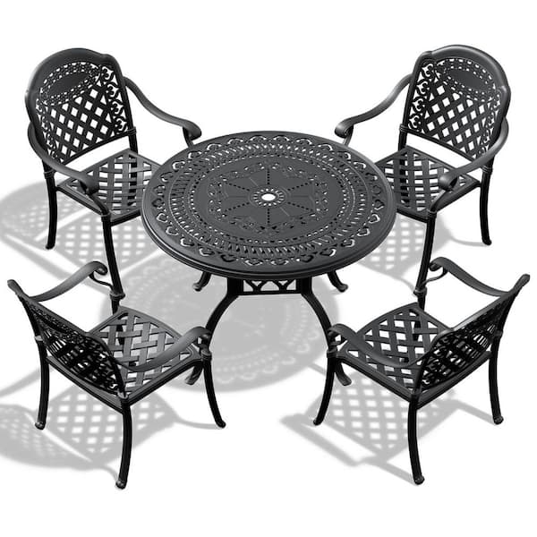 Tidoin 5-Piece Black Cast Aluminum Patio Conversation Set with Black Frame and Seat Cushions