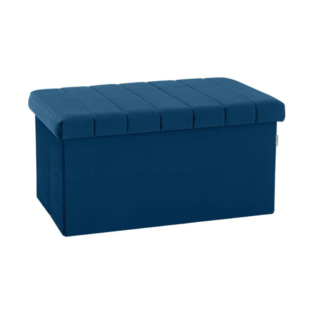 Blue Velvet Tufted Storage Trunk Ottoman, 30 Inch