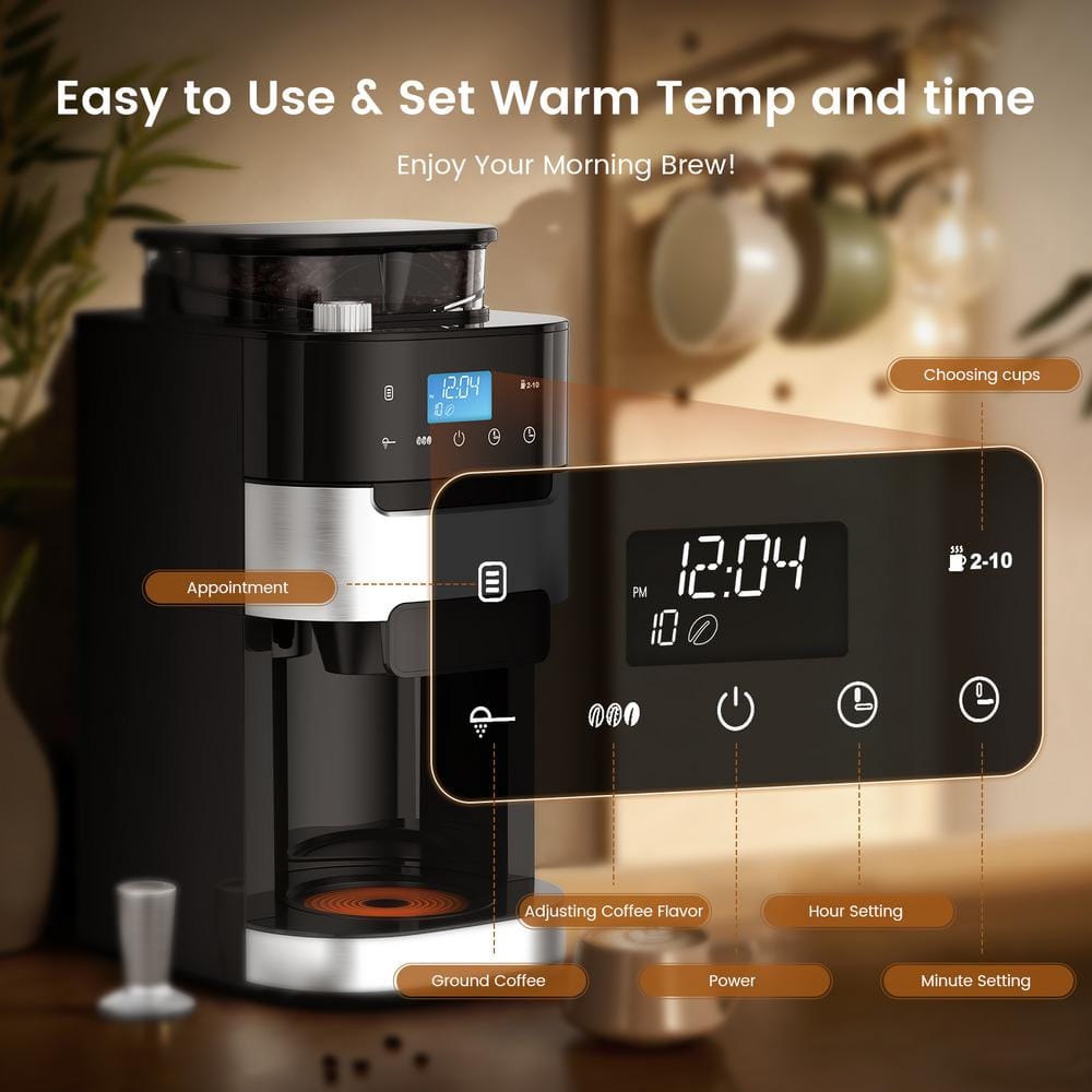 10-Cup Black Stainless Steel Drip Coffee Maker with Built-In Grinder