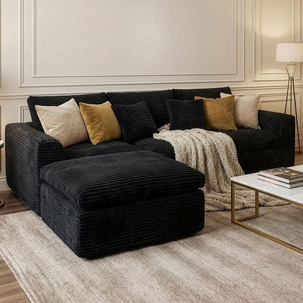 Quinley Modern 107 in. Square Arms 4-Piece Corduroy Modular Compressed Sectional Sofa in Black with Ottoman