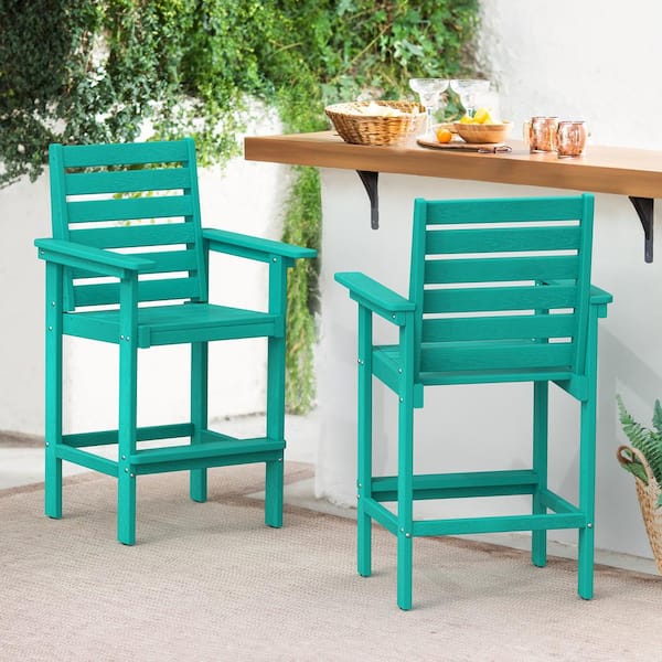 Unbranded Lake Blue Plastic HDPE Outdoor Bar Stool with Arms (2-Pack)