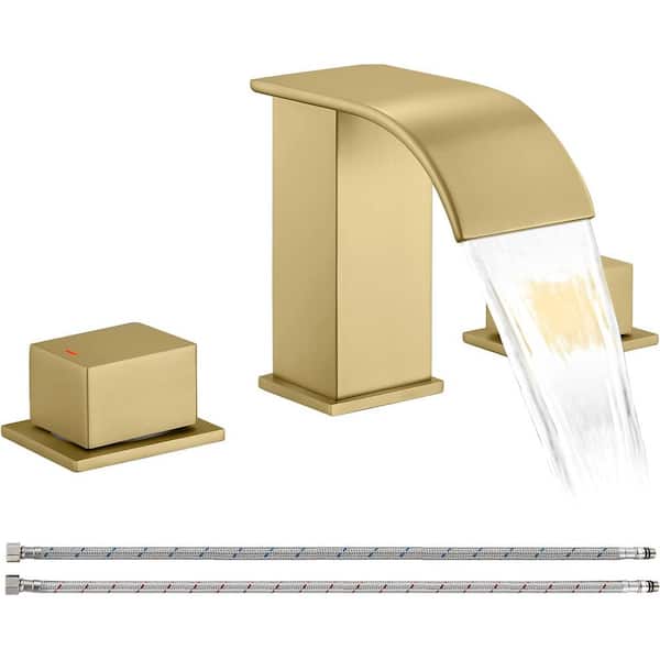 GAGALIFE 8 in. Widespread Double Knob Handles Waterfall Spout Bathroom Sink Faucet with Supply Lines in Brushed Gold