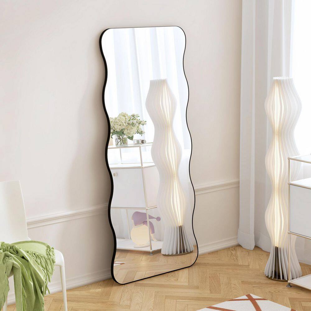 THKSHOUZ Black 31.5 in. W x 70.9 in. H Wave Large Floor Mirror