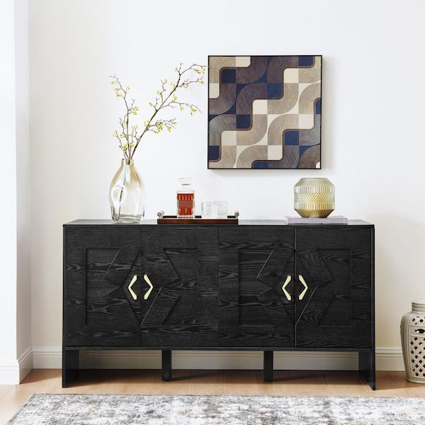 Mid-Century Modern Black Wood 60 in. Sideboard with Geometric Pattern and Adjustable Shelves