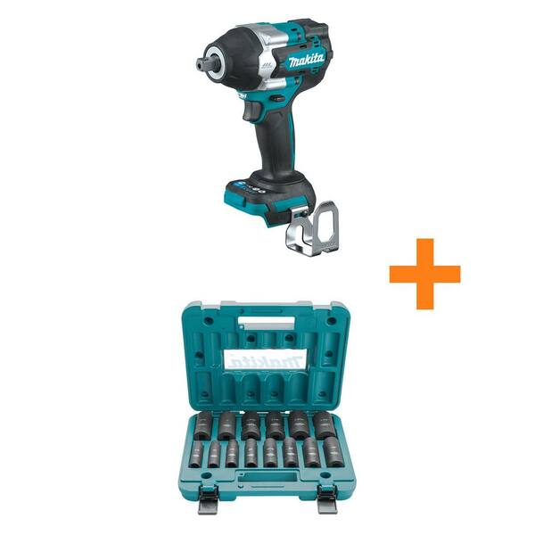 Makita 18V LXT Brushless Cordless 1/2 in. Impact Wrench w/Detent Anvil, Tool Only with bonus 1/2 in. Impact Socket Set