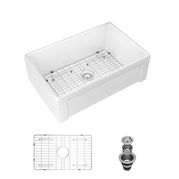 Kuomih White Ceramic 30 in. Single Bowl Farmhouse Apron front Kitchen Sink with Bottom Grid and Basket Strainer