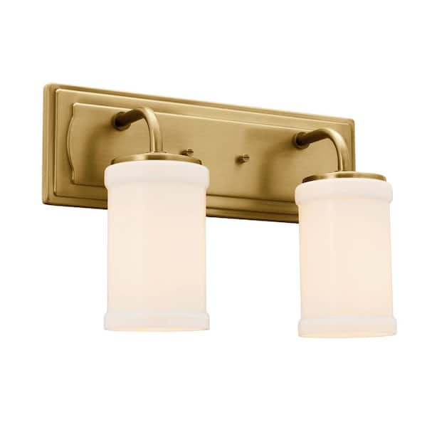 KICHLER Vetivene 15.25 in. 2-Light Natural Brass Vintage Bathroom Vanity Light with Opal Glass Shades