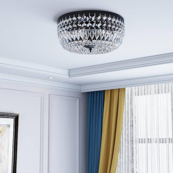Portland 11.8 in. Black Modern Glam 3-Light Flush Mount with Clear Crystal Shade