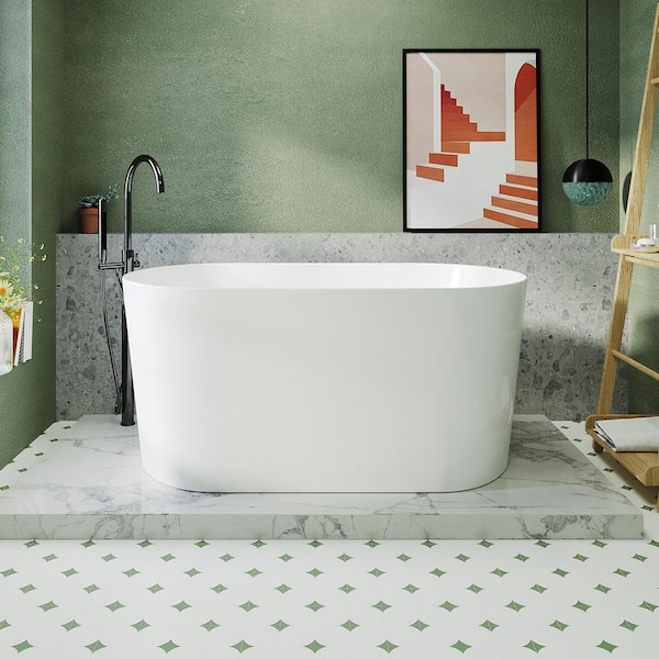 51 in. x 28 in. Acrylic Freestanding Soaking Bathtub in Glossy White with Chrome Center Drain