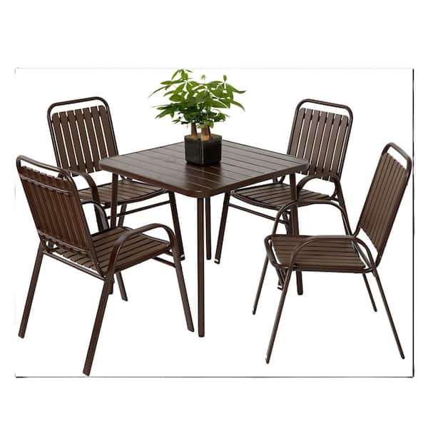 5-Piece Plastic Outdoor Dining Set, Plastic Chair and Steel Table Patio Dining Set for Garden, Patio and Backyard, Brown